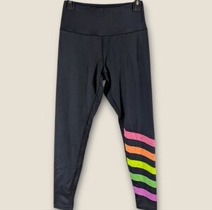 Worthy Threads Women's Black Leggings with Vibrant Rainbow Stripes Size Small